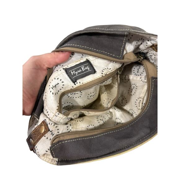 Myra Bag Factual Upcycled Canvas & Cowhide/Fur Shoulder Messenger Purse - Picture 7 of 8